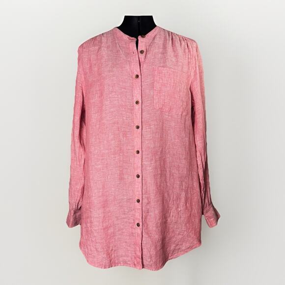 Lands’ End 100% Linen Long Sleeve Shirt Dress Solid Pink Button Pockets MD 10-12 - Picture 1 of 9